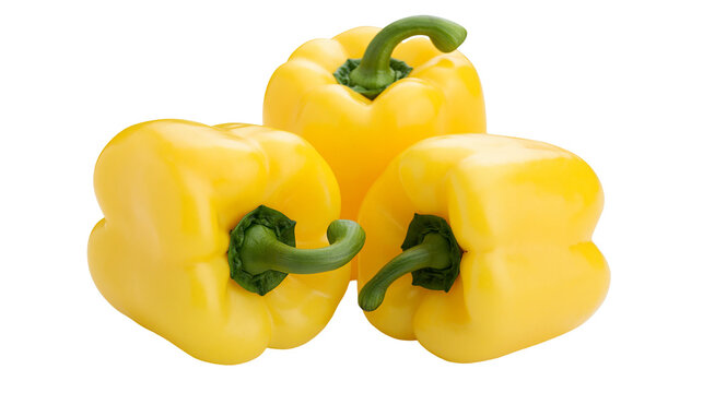 Three yellow bell peppers with green stems
