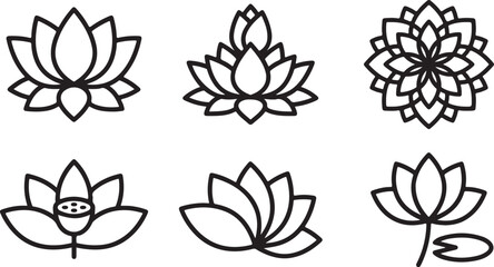 Fototapeta na wymiar Six elegant lotus flower vector icons in simple black and white line art style Vector