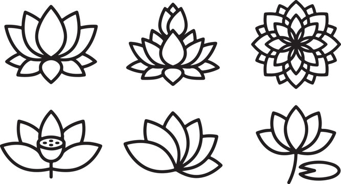 Six elegant lotus flower vector icons in simple black and white line art style Vector