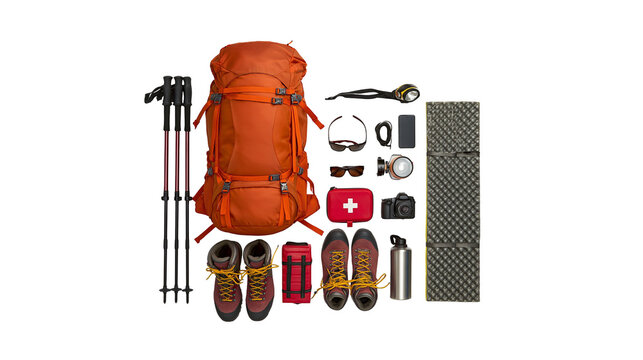 Orange hiking backpack with trekking poles boots camera first aid kit, and sleeping pads