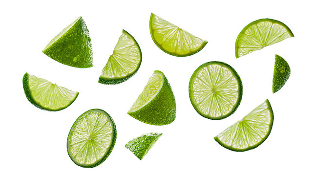 Fresh lime slices and wedges scattered