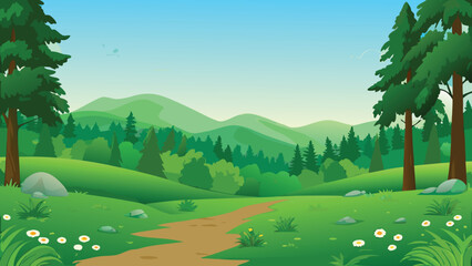 Green landscape with rolling hills and forest vector illustration © PUNNABEGUM