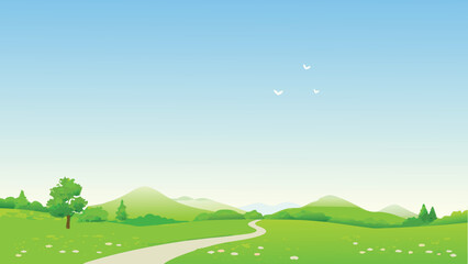 Fototapeta premium Rolling hills landscape with winding path vector illustration