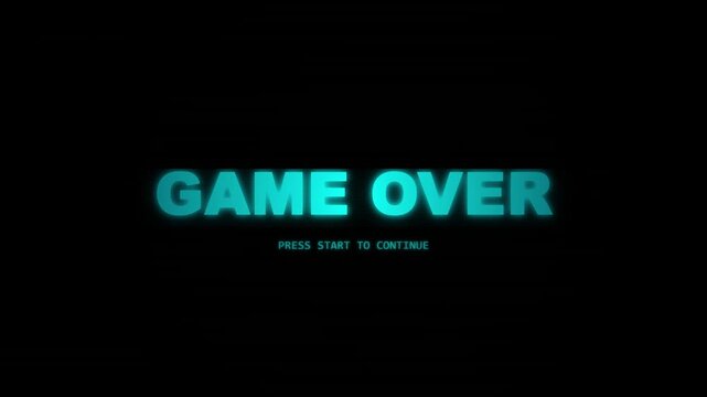 game over text on black background, retro glitch effect, failure notification, press start to continue