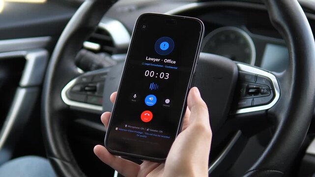 Mobile legal consultation on the road. Driver dials an attorney and connects to a confidential call. Essential footage for legal tech apps, roadside assistance, and digital law services.