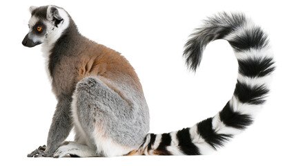 Ring-tailed lemur sitting with distinctive black and white striped tail curled © Isabel
