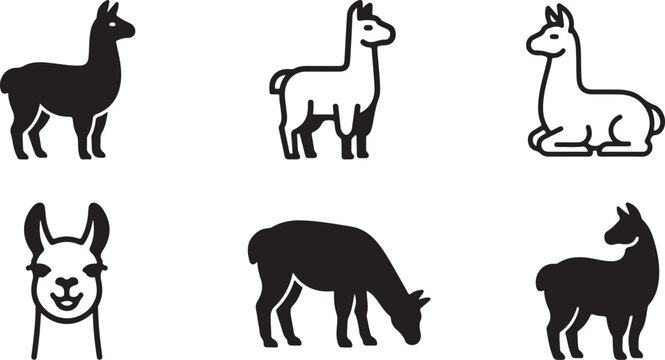 Six different cartoon llamas in black and white vector style Vector