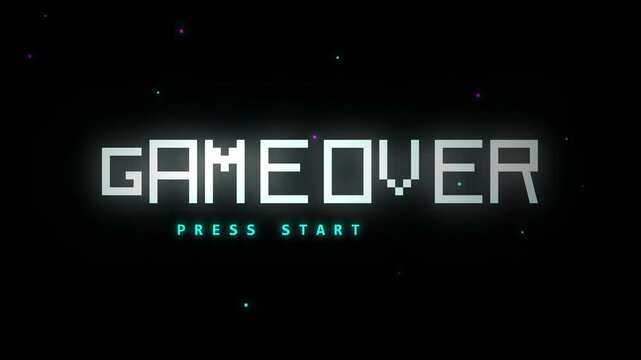 Retro pixelated game over screen with glitch effect, press start text, digital failure, retro gaming, victory