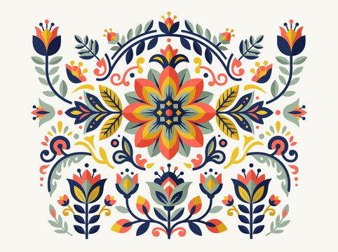 Symmetrical Folk Art Floral Pattern with Traditional Scandinavian and Slavic Botanical Motifs