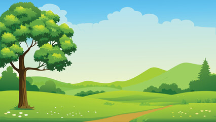 Green landscape illustration with trees hills and a clear sky © PUNNABEGUM