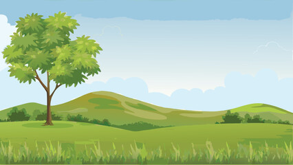 Green hills and leafy tree a scenic vector illustration © PUNNABEGUM