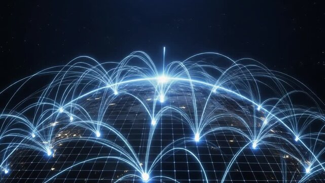 The glowing network of interconnected lines and nodes shines brightly against a dark background with a grid pattern.