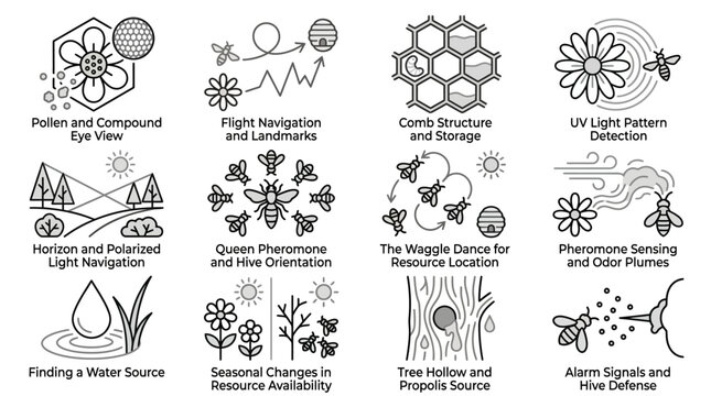 Bee biology and navigation educational diagram icons