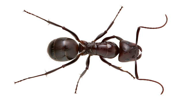 Dark brown ant with segmented body and long antennae