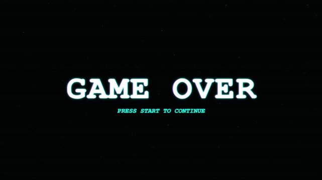 Retro pixelated game over screen, digital glitch effect, press start to continue prompt
