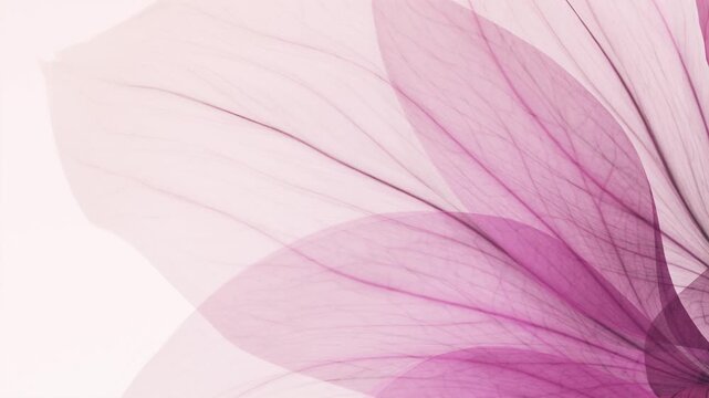 Purple translucent flower petals with detailed veins blooming and swaying in the wind close-up, horizontal abstract x-ray nature animation on soft white background with copy space