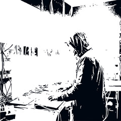 Fototapeta premium DJ Performing Music with Synthesizer and DJ Deck in Dark Room