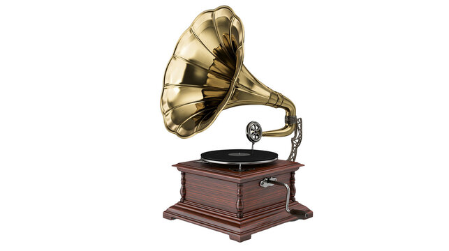 Antique Gramophone with Brass Horn and Wooden Base