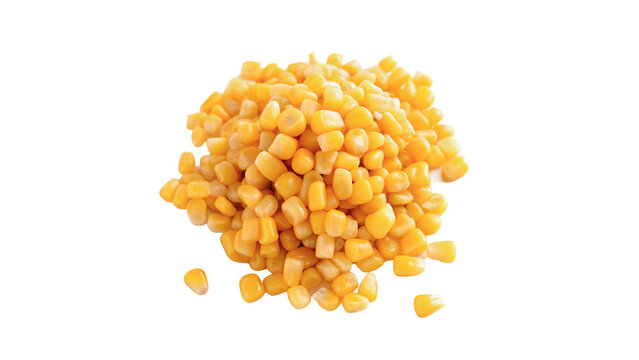 Pile of dry golden organic corn kernels maize grains isolated on transparent background cut out