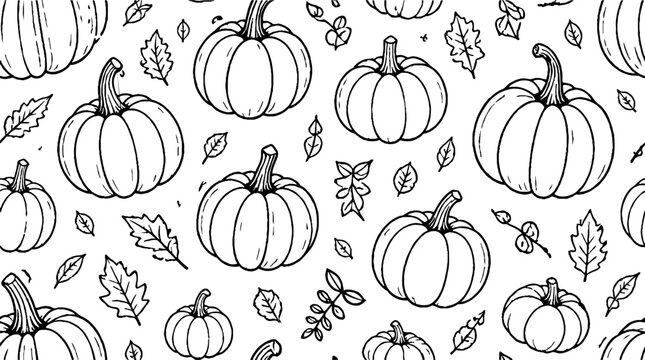 Hand drawn pumpkins and autumn leaves pattern.