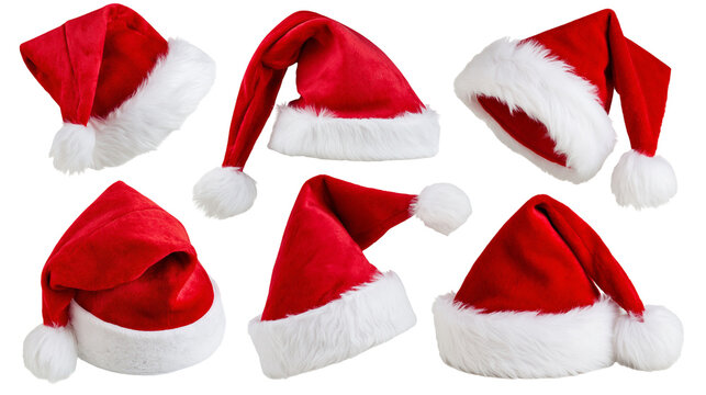 Collection of red Santa hats with white fur trim and pom-poms