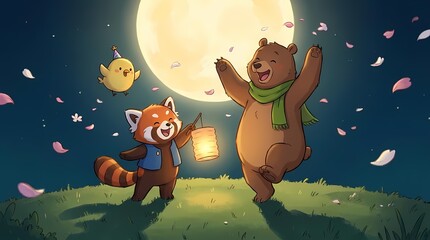 Animals dancing with lanterns under full moon at night.