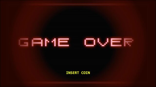 retro pixelated game over screen with glitch effect and flashing text, insert coin prompt, dark red background
