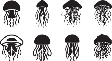 Set of eight black and white jellyfish illustrations in a row Vector © Runa