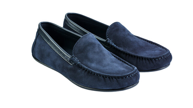 Navy blue suede moccasin shoes with leather trim