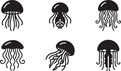 Six stylized black jellyfish icons with long tentacles Vector © Runa