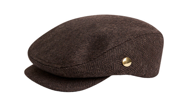 Brown herringbone tweed flat cap with brass button accent