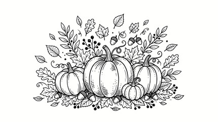 Hand-drawn autumn pumpkin and leaf illustration, black and white sketch for fall harvest © illustration