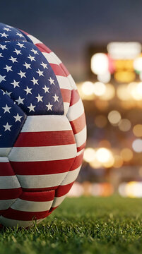 Soccer ball featuring american flag pattern on grass at night stadium, football