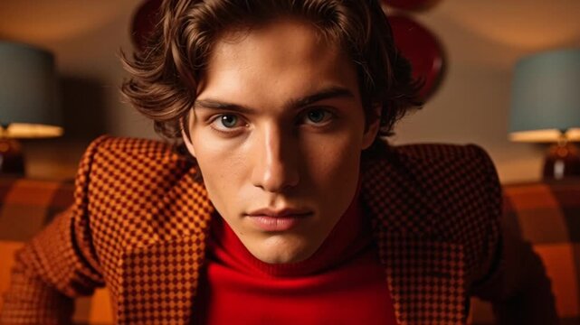 Young man with brown hair and red turtleneck looks directly at camera in dimly lit room with vintage lamps and checkered jacket.