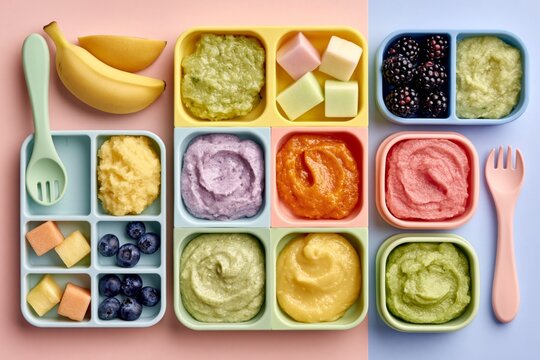 Overhead flat lay of balanced baby meal prep with purees, mashed fruits, and small portions in silicone containers, promoting healthy infant nutrition