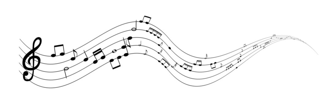 Elegant musical notes flowing in a wave pattern black silhouette on a white background