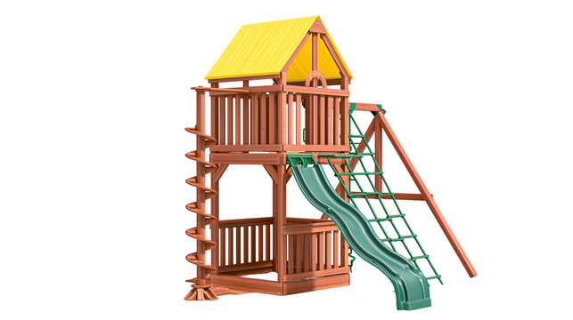 Wooden playground with yellow roof green slide, and rope ladder