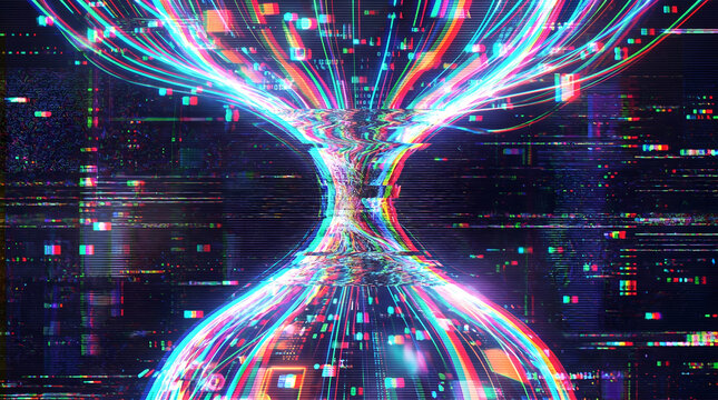 Abstract digital data stream hourglass background chromatic aberration pop style