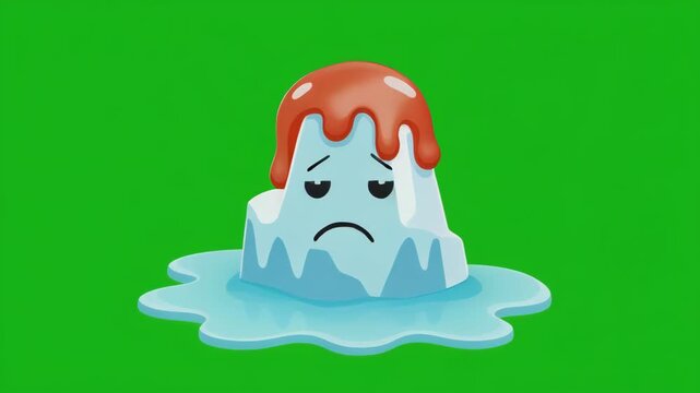 Sad melting ice character with plunger on green screen background