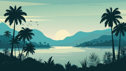 Tropical Landscape With Palm Trees And Reflective Water Scene © PUNNABEGUM
