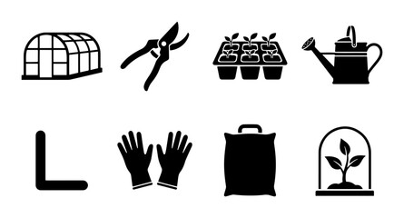 Gardening Icons Set: Greenhouse, Pruners, Seedlings, Watering Can, Gloves, Soil Bag, Plant Dome © Nahid