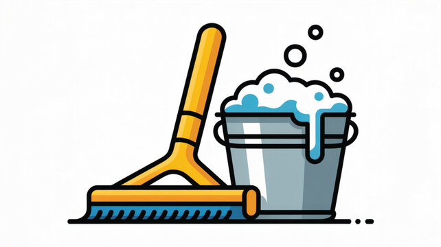 Stylized graphic illustration of a cleaning squeegee and a soapy bucket filled with bubbles used for window washing and maintenance services.