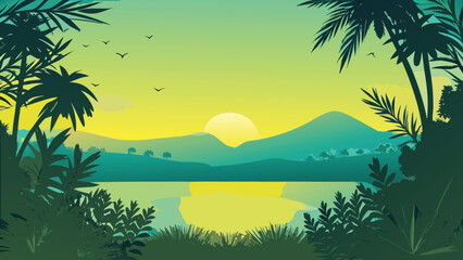 Obraz premium Tropical Landscape Vector Illustration With Palm Trees And Mountains