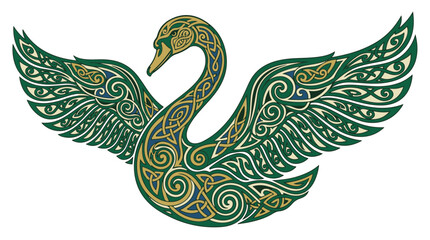 Celtic Swan Illustration with Intricate Knotwork Patterns in Green and Gold Colors © JaluBima
