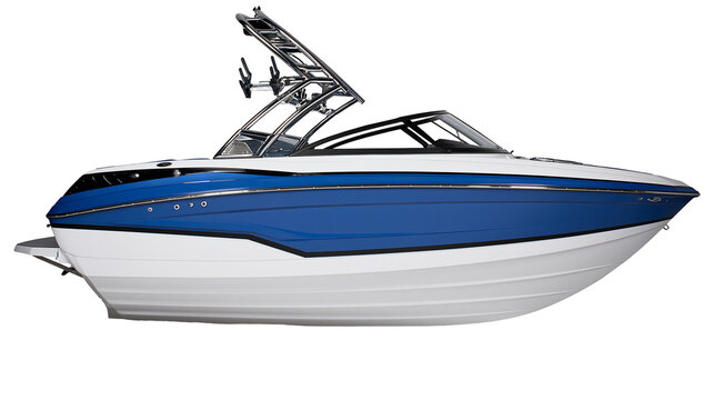 Modern blue and white speed boat with wakeboard tower