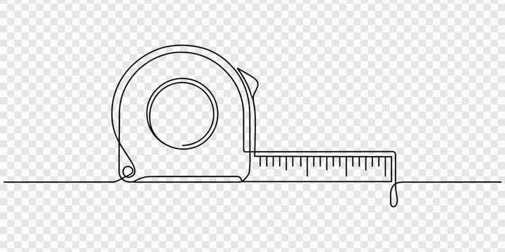 Continuous one line drawing of a tape measure tool for construction and home repair projects, Measuring tape  in one continuous line drawing. Symbolizing industrial tools and craftsmanship