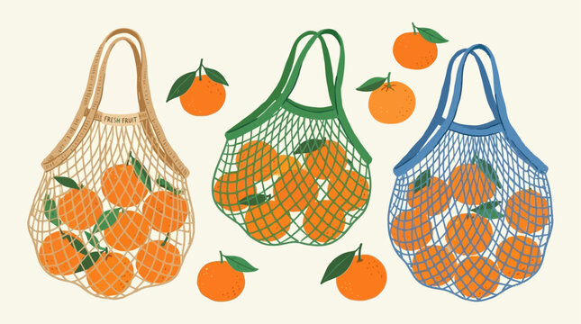 Vibrant ripe citrus juicy orange tangerine mandarin satsuma mesh net bag containing sweet organic fruit, fresh harvest bounty ready for healthy snack consumption and nutrition.