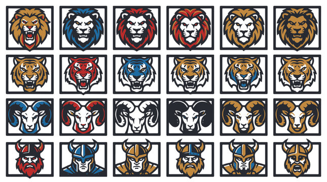 Set of Animal and Warrior Mascot Logos Including Lions Tigers Rams and Viking Helmets