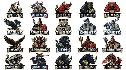 Set of Fierce Mascot Illustrations Featuring Animals and Warriors for Sports Teams © JaluBima