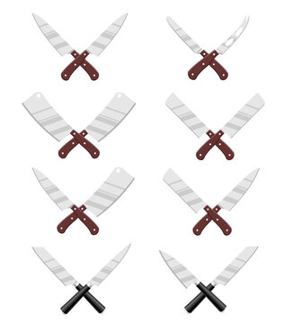 Set of crossed butcher chef meat knives knife cleaver. For adventure hunting butchery deli restaurant business bistro shop. Two knives crossed, kitchen knives